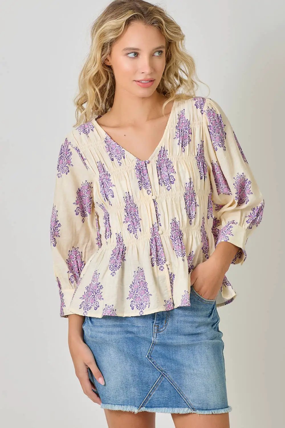 Mystree The Lavender Fields Puff Sleeve Smocked Blouse - Blouses