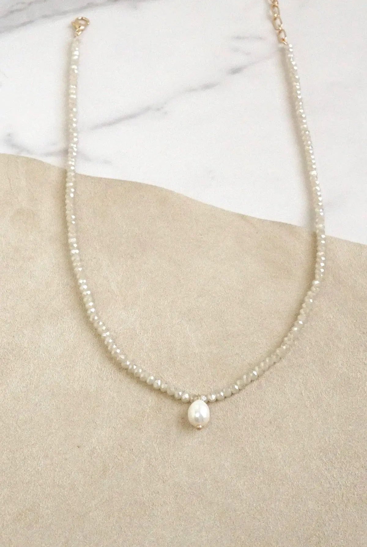 PennyLine inc The Beige Glass Beaded Chain Freshwater Pearl Pendant Necklace - Jewelry short necklace glass beads pendant beige