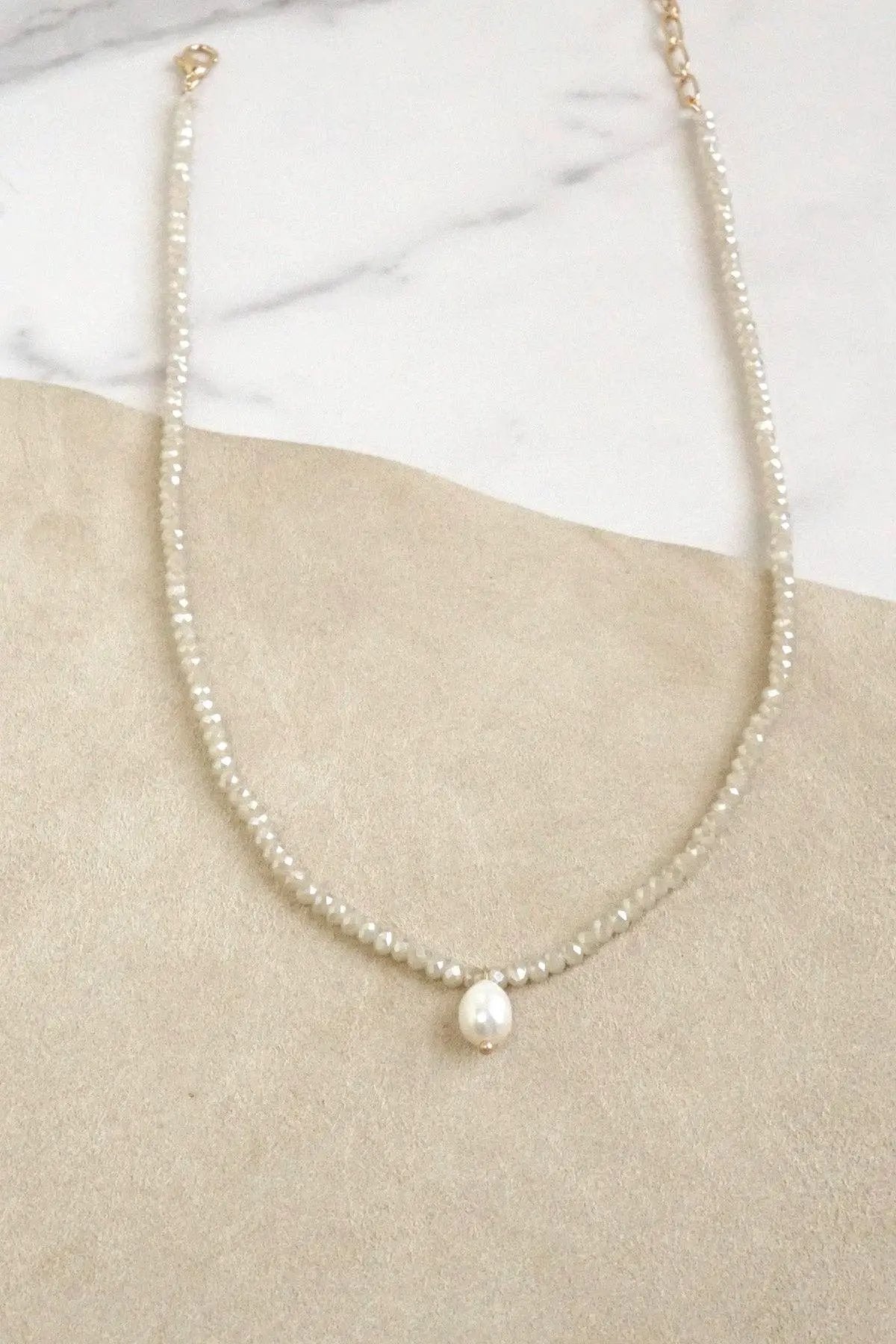 PennyLine inc The Beige Glass Beaded Chain Freshwater Pearl Pendant Necklace - Jewelry short necklace glass beads pendant beige