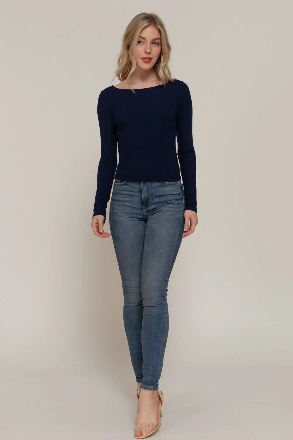 Active Basic | Active USA Active Basic | Active USA - Long Sleeve Boat Neck Brushed Rib Knit Top in Charcoal - Clothing Tops
