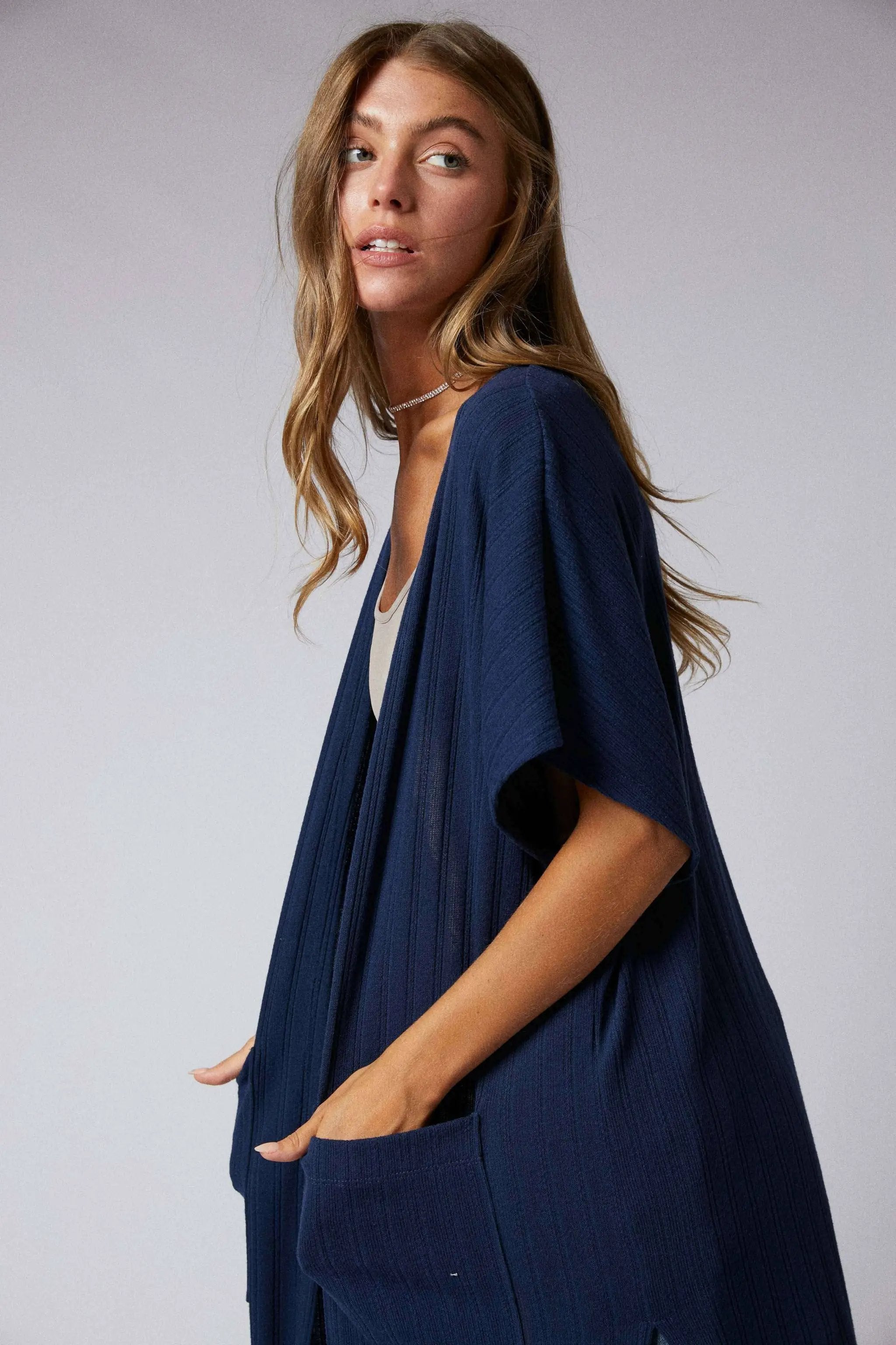 Cerule Navy Side Slit Duster Cardigan - Cardigans