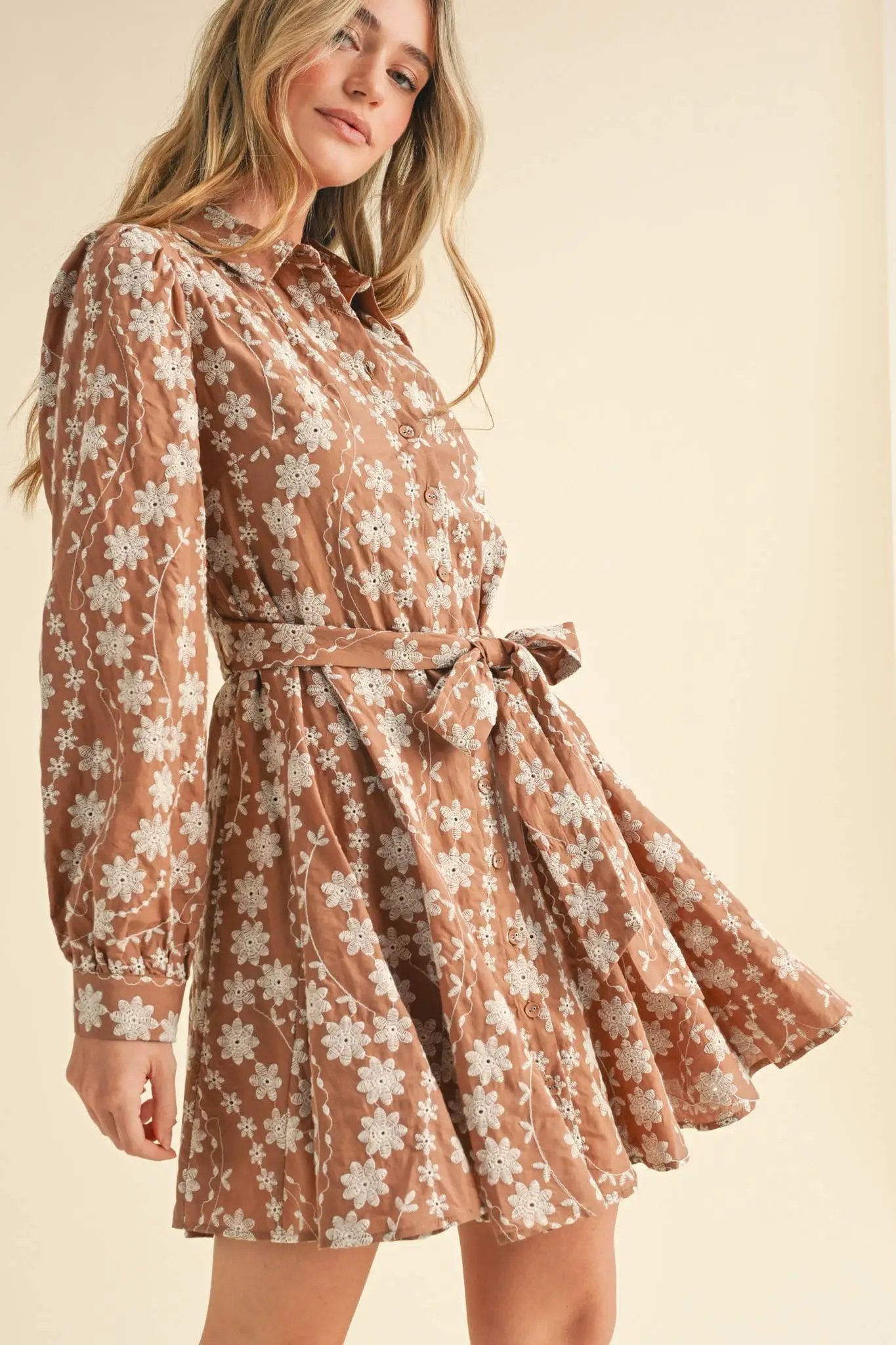 &MERCI &merci - Intricate Floral Embroidery Button Down Flared Mini Dress in Dark Amber - Dresses
