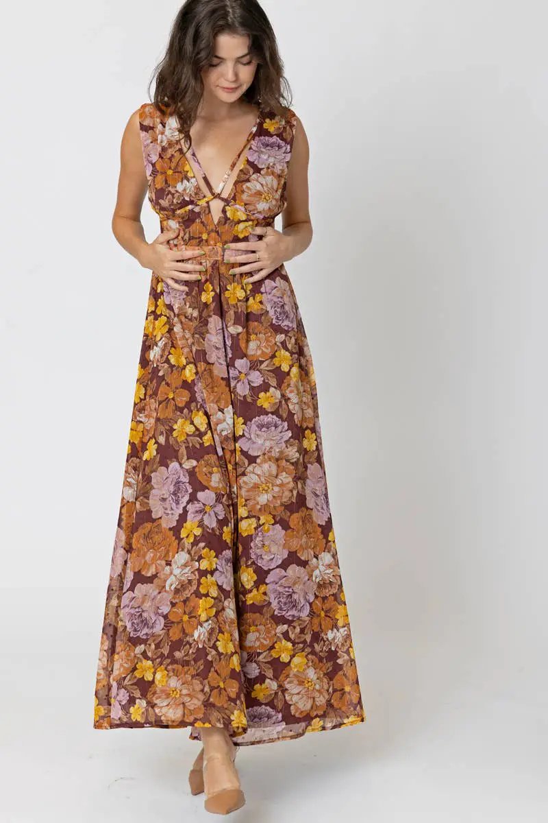 En Crème En Crème Brown Multi Floral Sleeveless V-Neck Maxi Dress - Dresses brown multi floral maxi dress