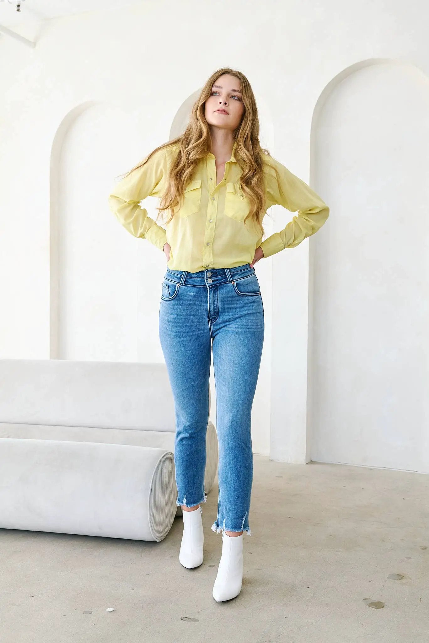 ARTEMIS VINTAGE Artemis Vintage Corset Double Waistband Straight Frayed Hem Jeans - Jeans