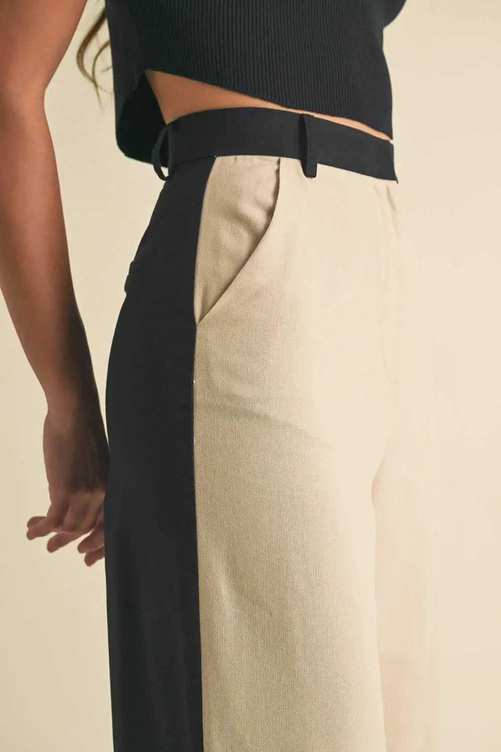 Endless Blu Endless Blu Black/Almond Color Block Linen Trouser Pants - Pants