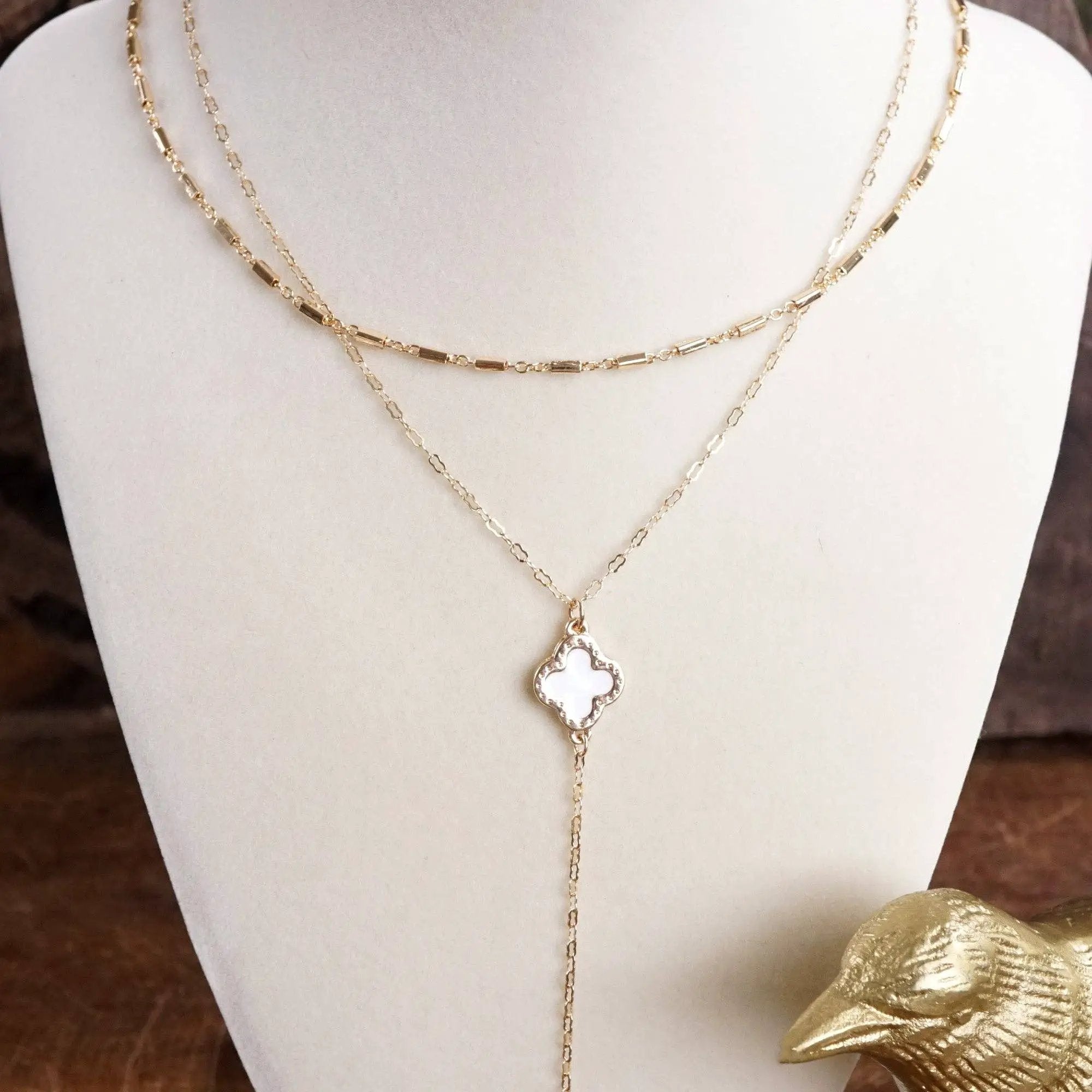 PennyLine inc The Golden Clover Lariat Necklace: White - Necklaces