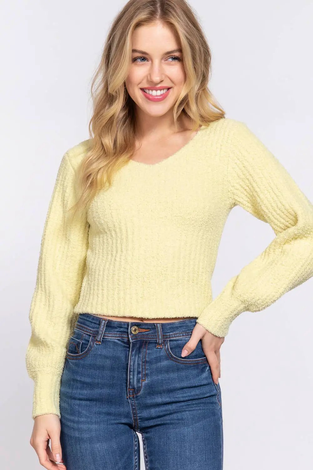 Active Basic | Active USA Active Basic | Active USA - Long Puff Sleeve V-neck Rib Sweater Top - Sweaters