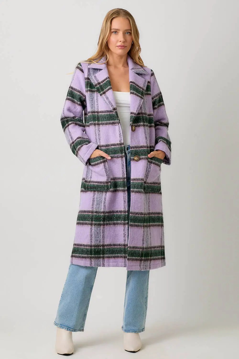 Mystree Mystree - Lavender Grove Fuzzy Plaid Long Coat - Overcoats