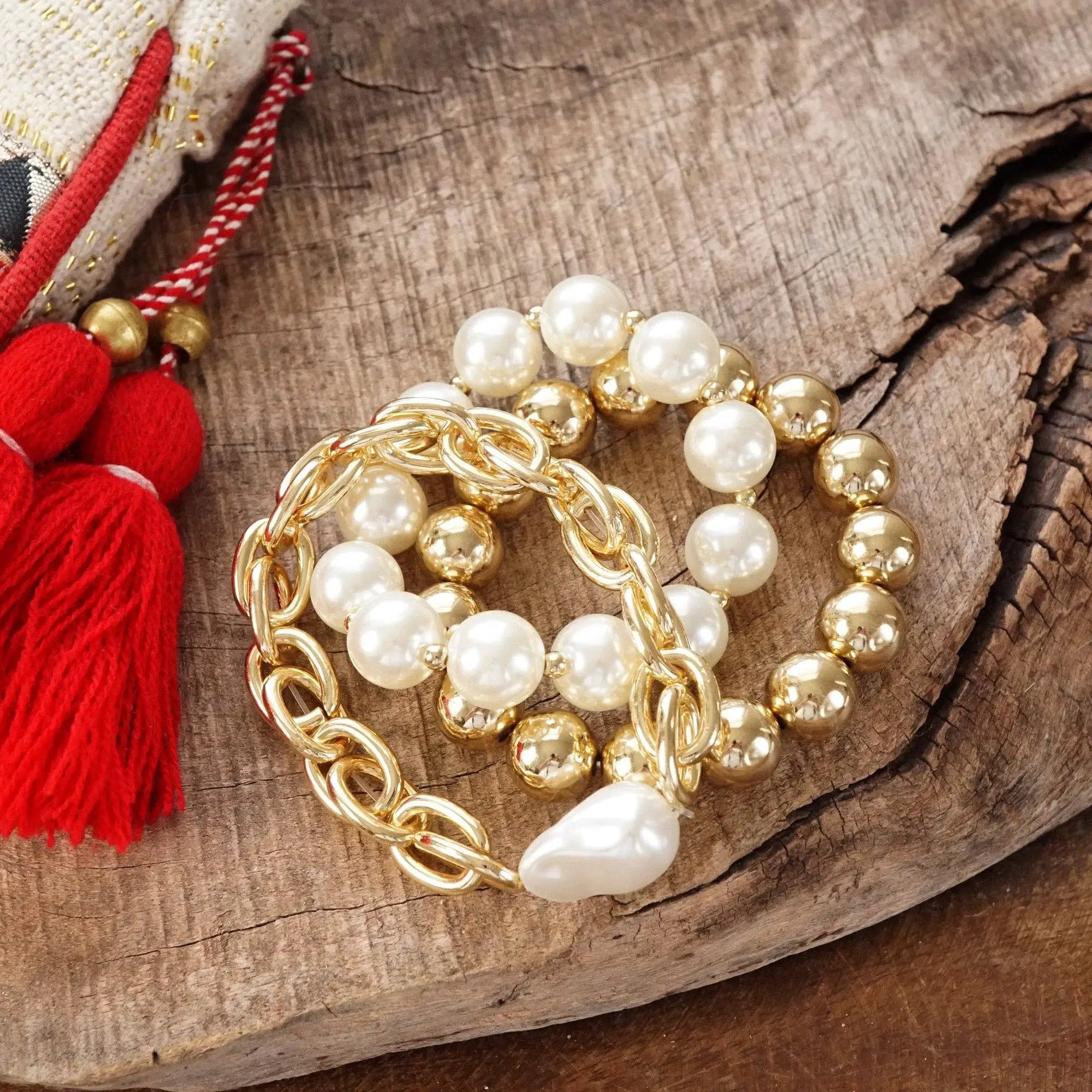 PennyLine inc The Chunky Chain & Pearl Stack Bracelet Set - Jewelry chunky chain and beads bracelet