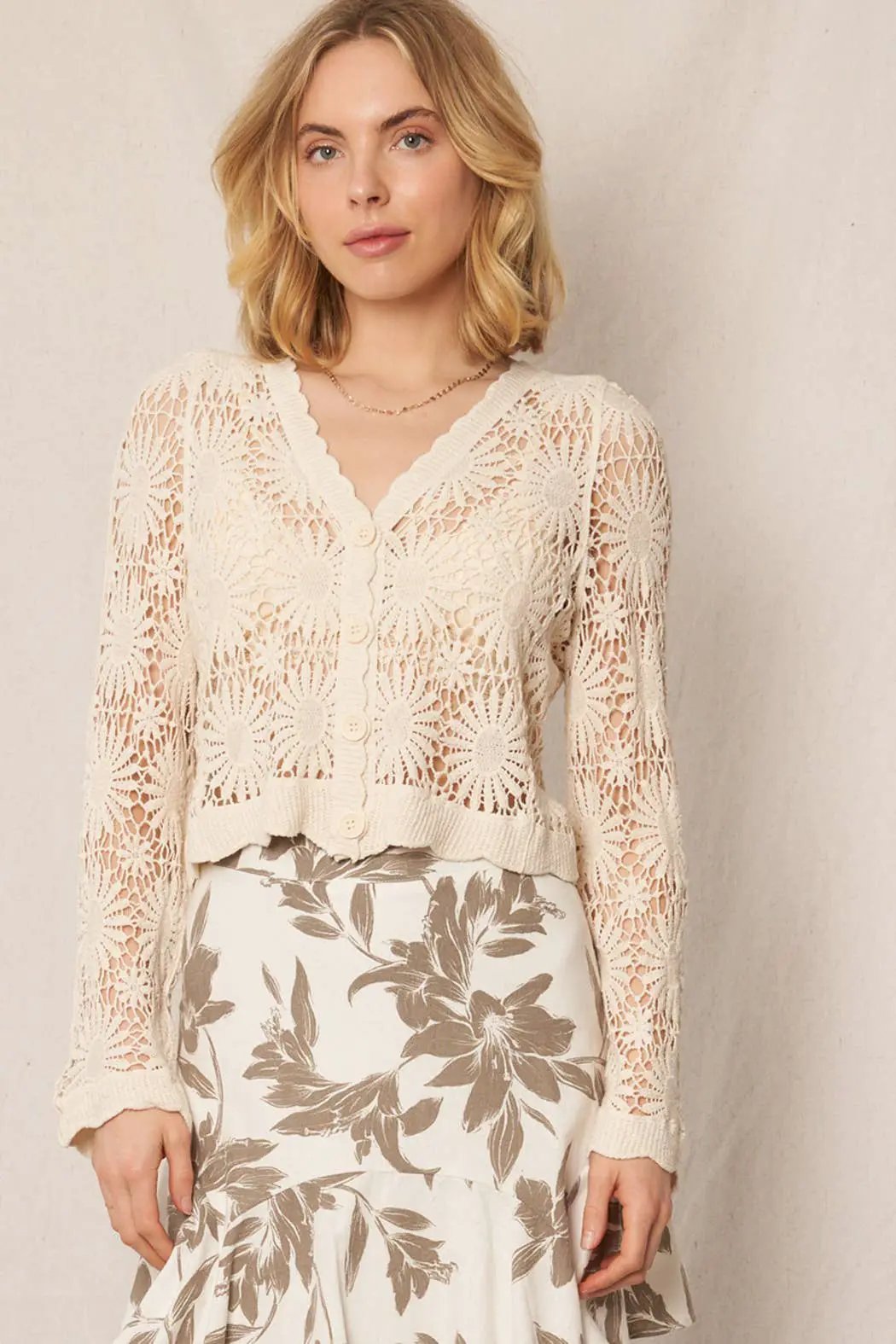 En Crème En Crème Natural Flower Pattern Crochet Cardigan - Cardigans