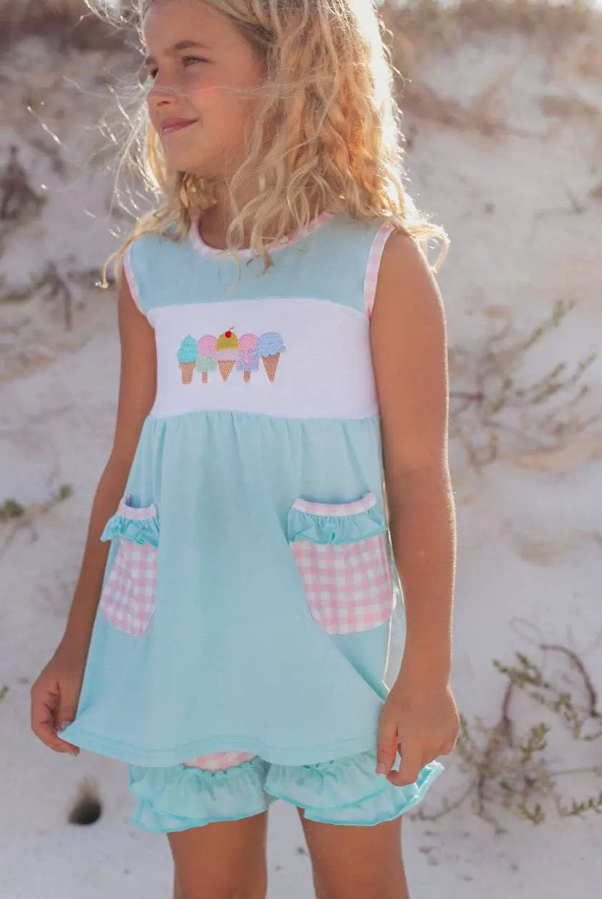 Adorable Sweetness Kids Pastel Ice Cream Gingham Ruffle Spring Summer Short Set - Outfit Sets