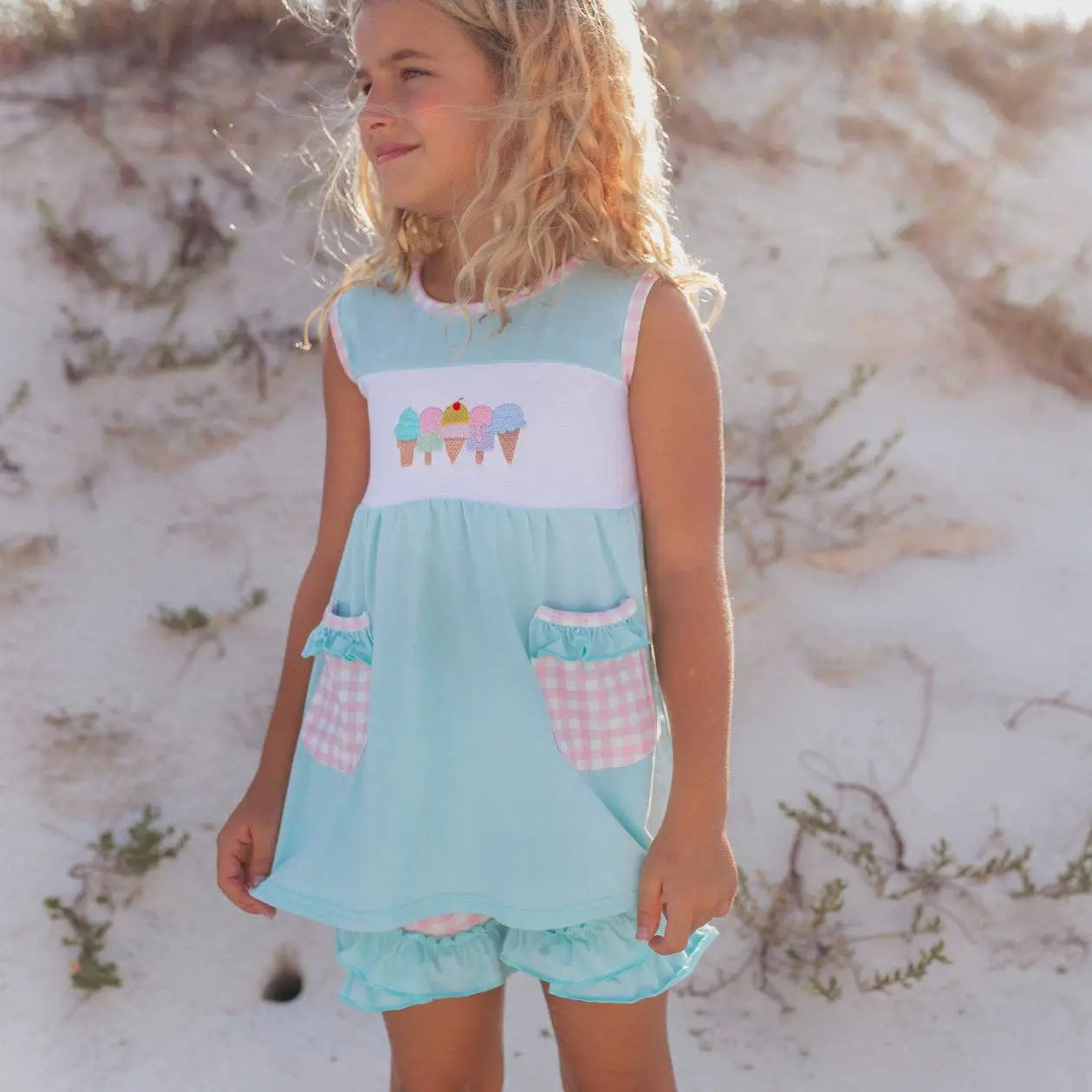 Adorable Sweetness Kids Pastel Ice Cream Gingham Ruffle Spring Summer Short Set - Outfit Sets
