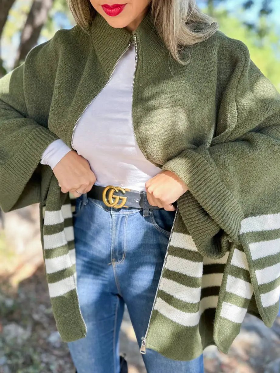 AMOLI AMOLI - Olive Stripe Border Printed Zip-Up Cardigan - Cardigans