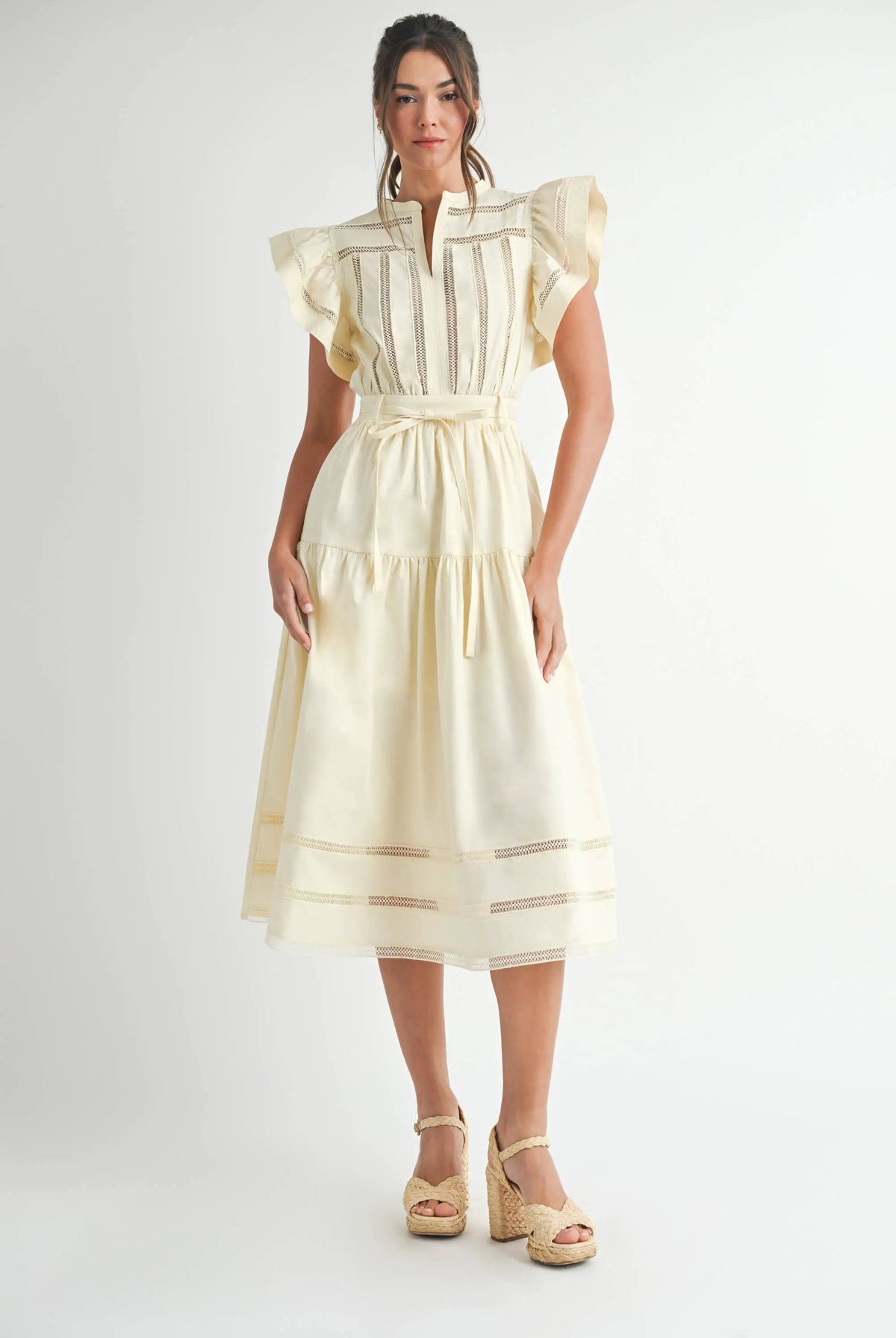 Endless Blu Endless Blu Cream Short Sleeve Tiered Midi Dress - Dresses