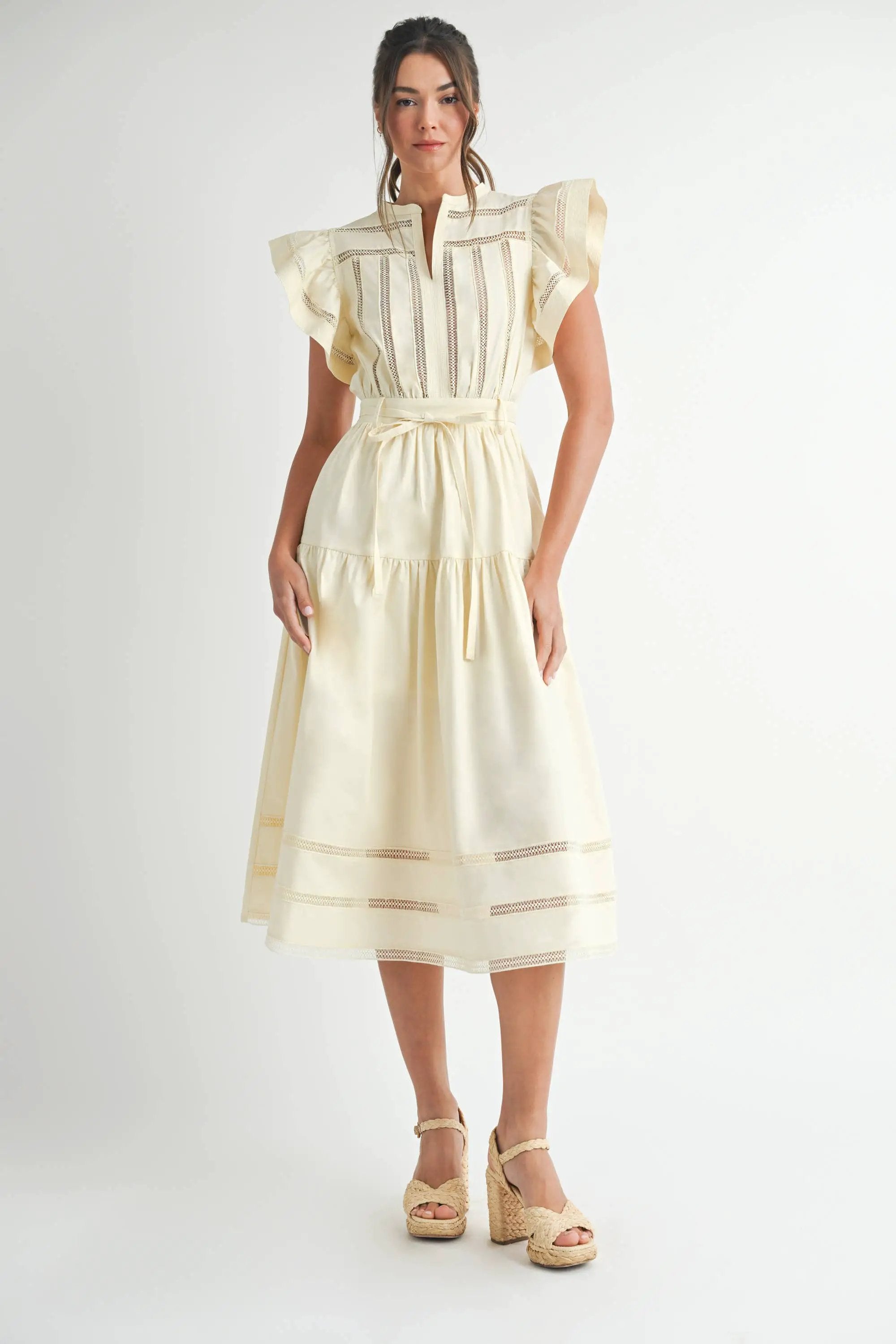 Endless Blu Endless Blu Cream Short Sleeve Tiered Midi Dress - Dresses