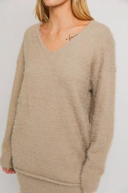 Le Lis Ballon Sleeve V-Neck Fuzzy Sweater - Matching Skirt Available - Sweaters