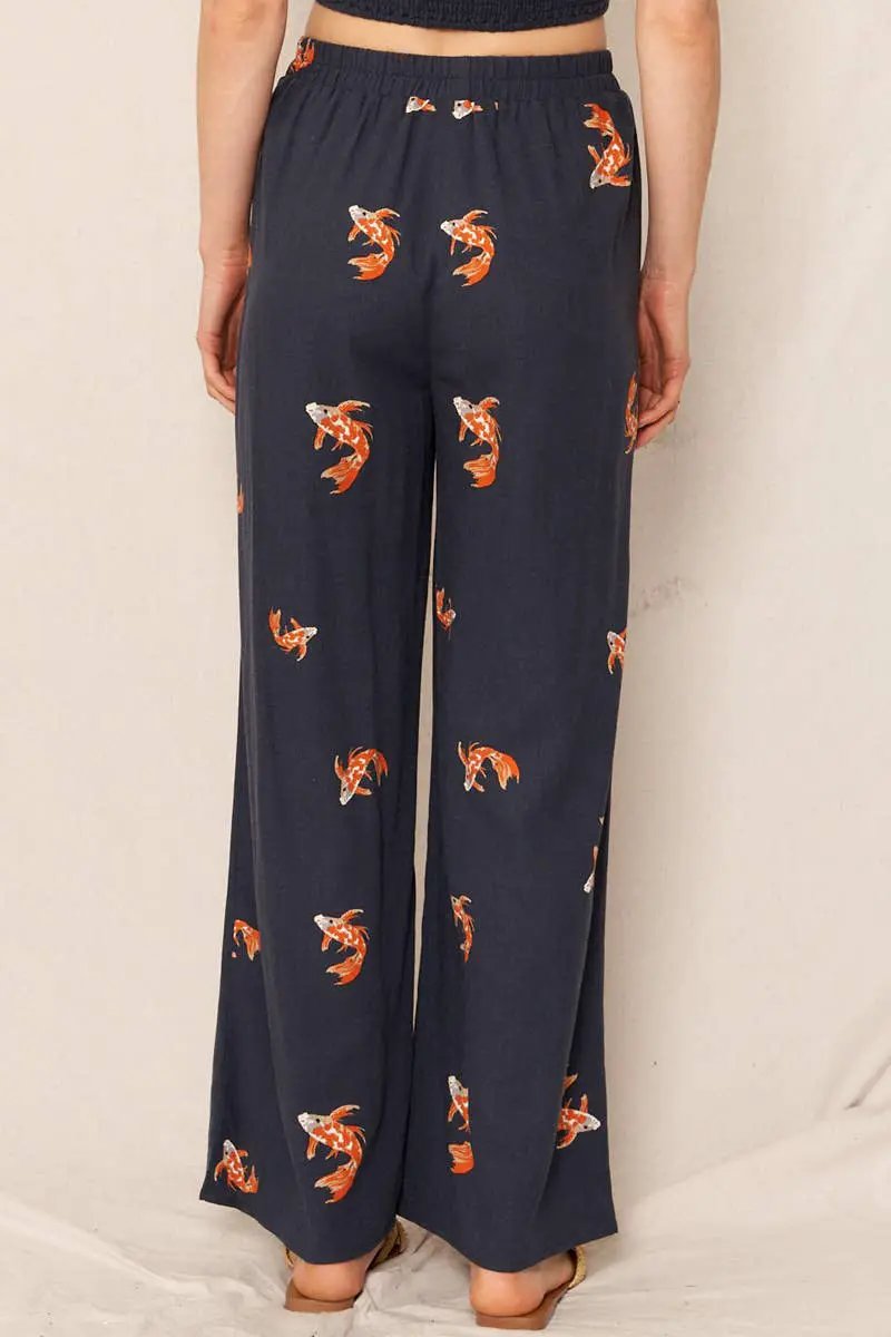 En Crème En Crème Navy & Orange Koi Fish Print Wide Leg Pants - Pants wide leg pants