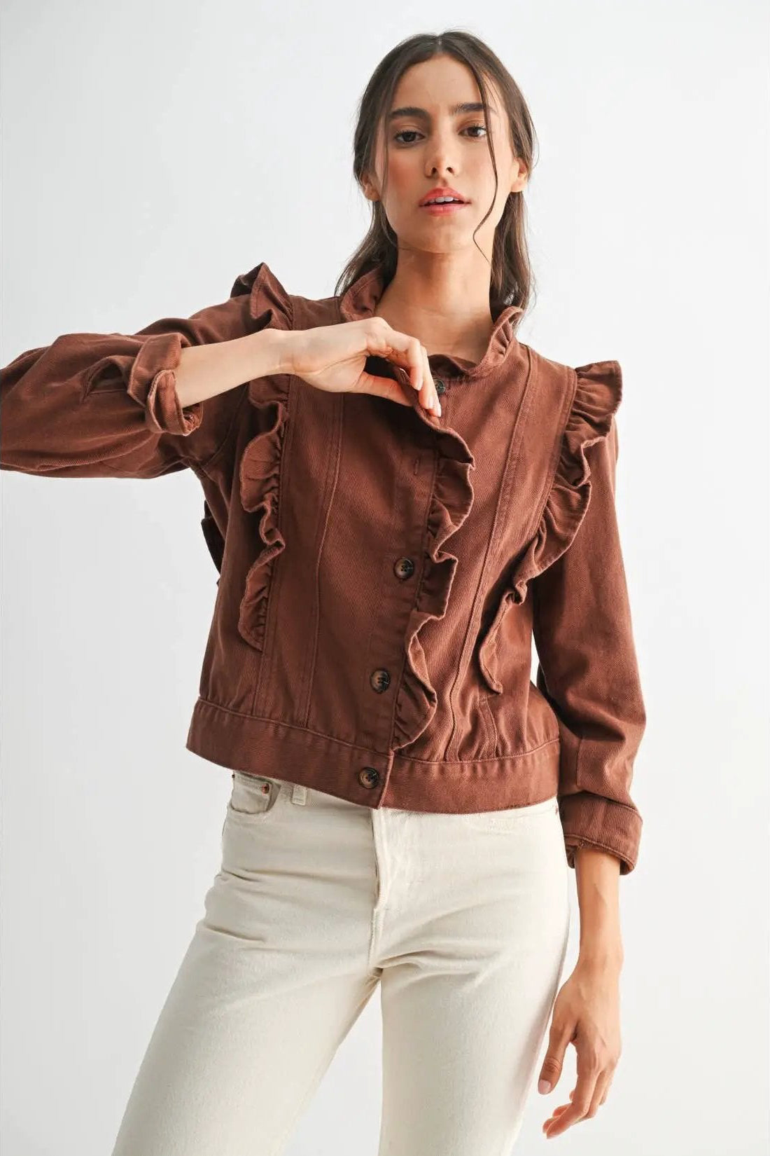 Camellia Camellia - RUFFLED BUTTON-UP DENIM JACKET: BROWN / S-M-L(3-2-1) -