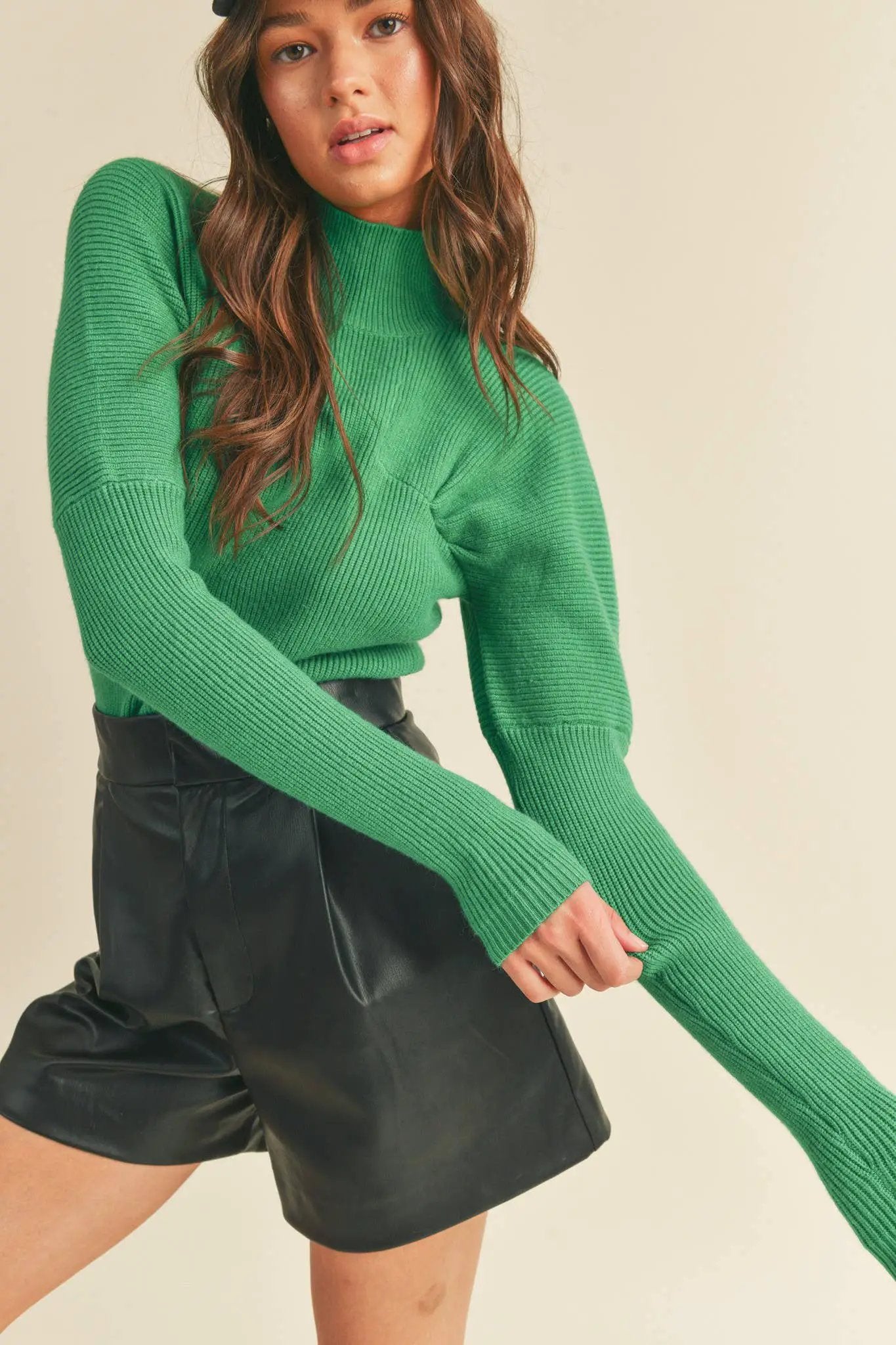 &MERCI &merci - Kelly Green Ribbed Mock Neck Sweater - Sweaters