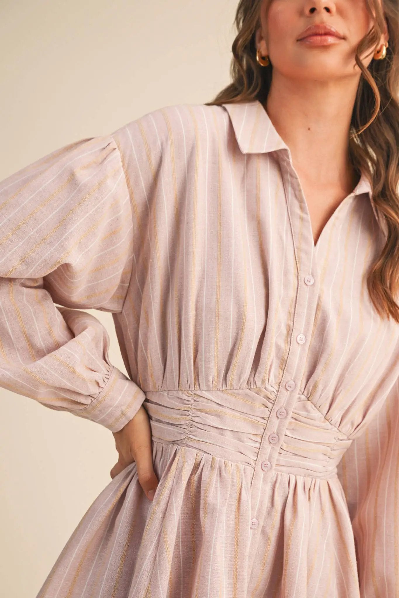 &MERCI Blushing Stripes Ruched Waist Mini Dress - Dresses