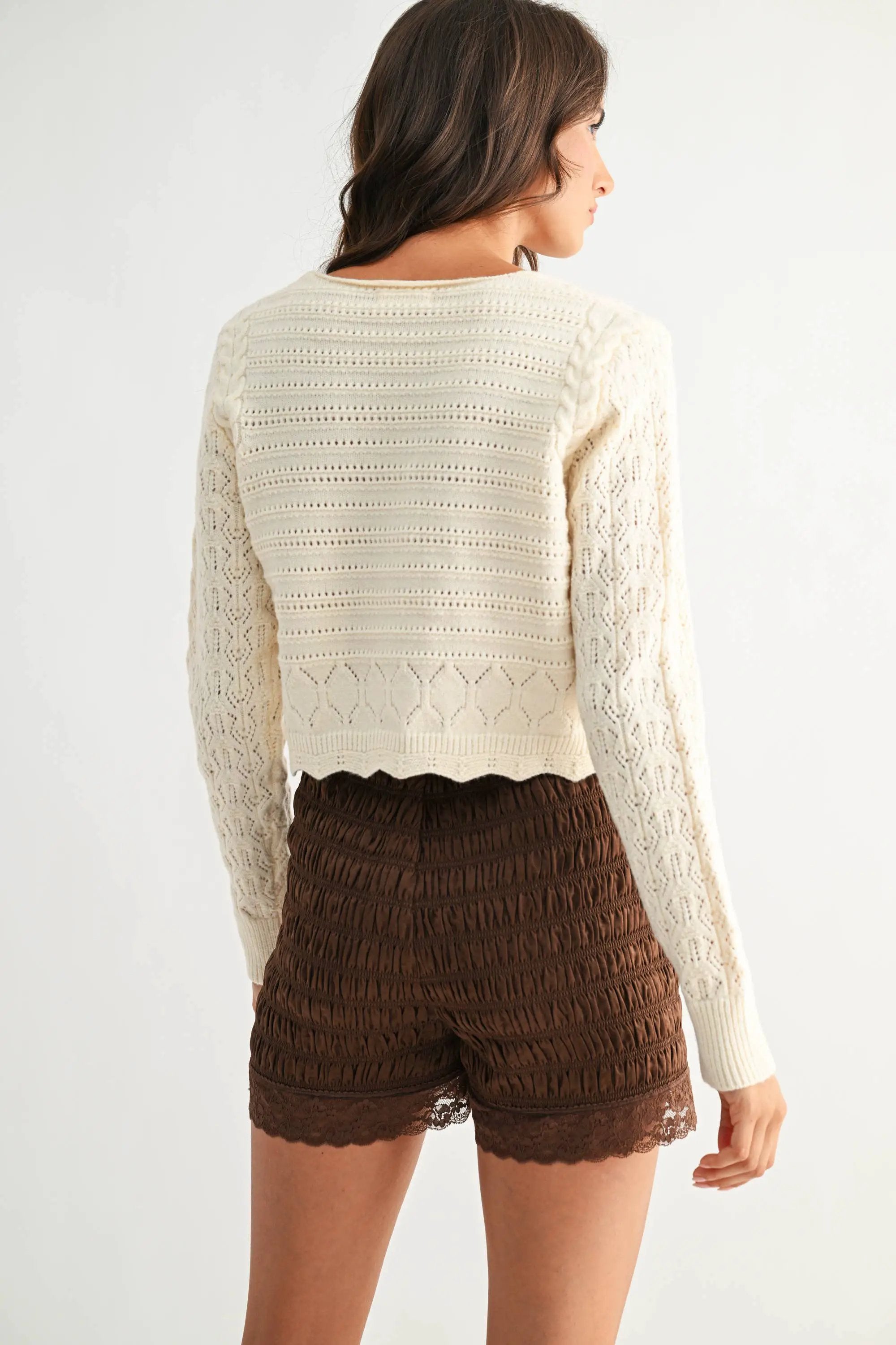 Camellia Camellia - CJW26821 Ivory Lace-Up Pointelle Knit Sweater: CREAM/MOCHA / S-M-L (3-2-1) -