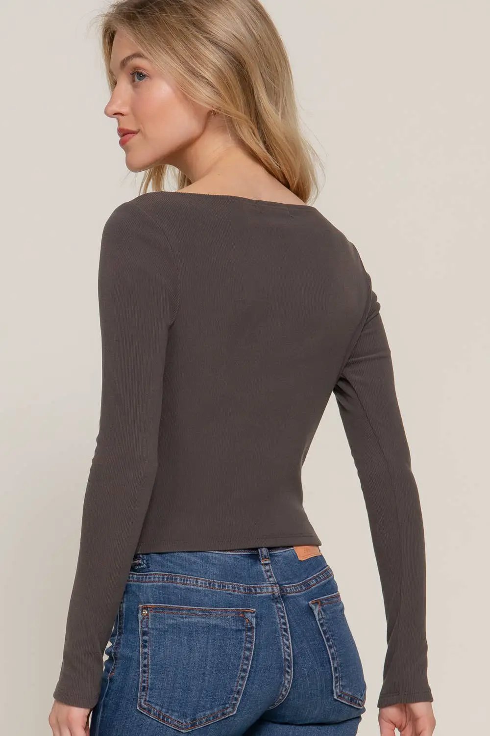 Active Basic | Active USA Active Basic | Active USA - Long Sleeve Boat Neck Brushed Rib Knit Top in Charcoal - Clothing Tops
