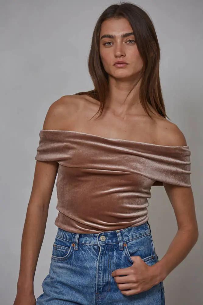 By Together Woven Polyester Spandex Velvet Fold over Bodysuit in Dusty Rose - Bodysuits Bodysuits