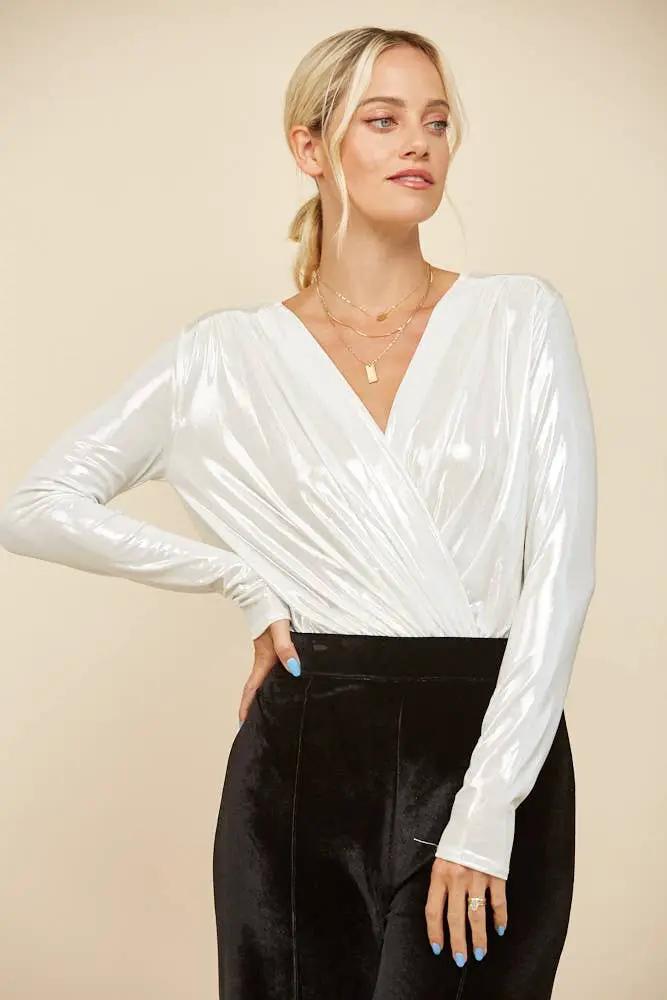 WISTERIA LANE Wisteria Lane - Silver Siren Metallic Surplice Bodysuit - Bodysuits