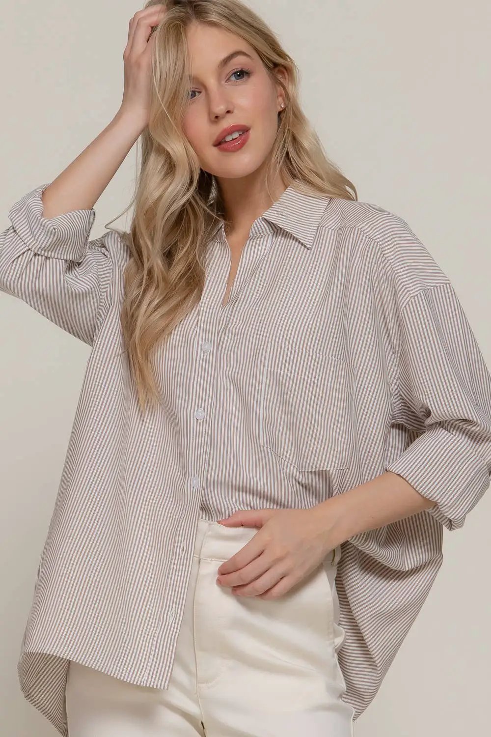 Active Basic | Active USA Active Basic | Active USA - Long Dolman Sleeve Oversized Stripe Button Up Collared Shirt: Khaki/Off White - Clothing Tops