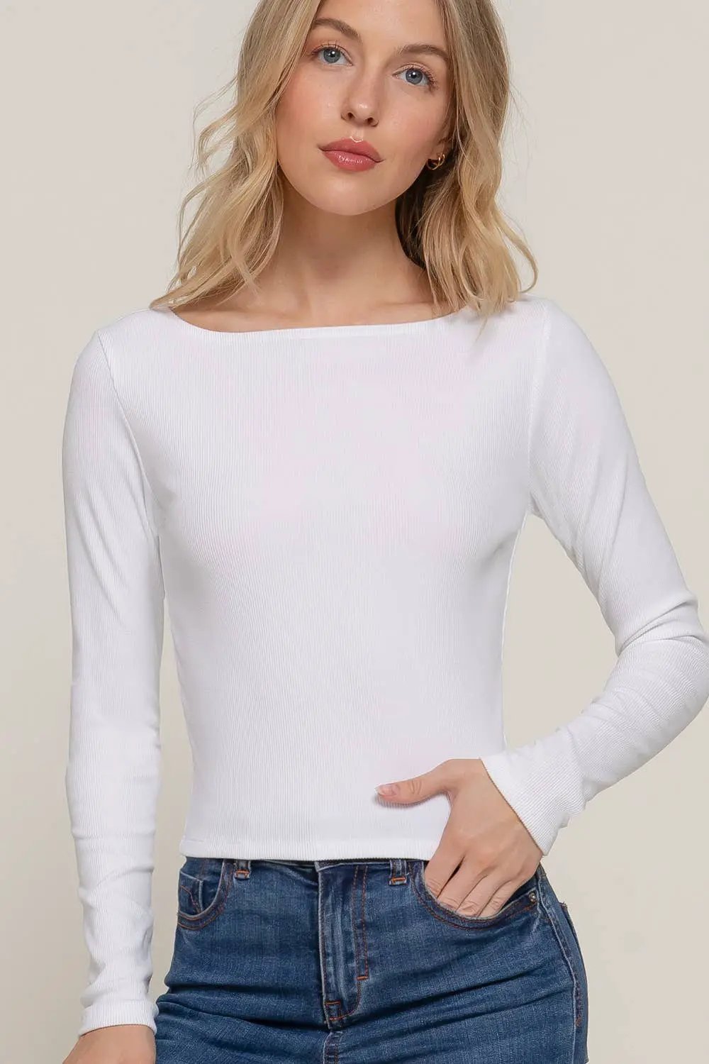 Active Basic | Active USA Active Basic | Active USA - Long Sleeve Boat Neck Brushed Rib Knit Top in Charcoal - Clothing Tops