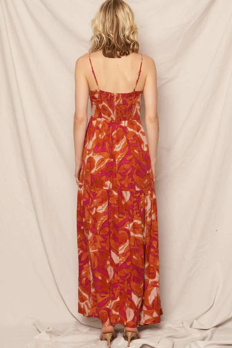 En Crème En Crème Spaghetti Strapped Back Smocked Print Maxi Dress in Burnt Orange - Dresses