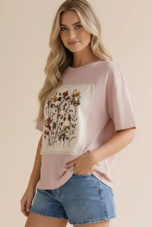 Haptics The Fields of Grace Patchwork Graphic Tee in Dusty Rose - T-Shirts