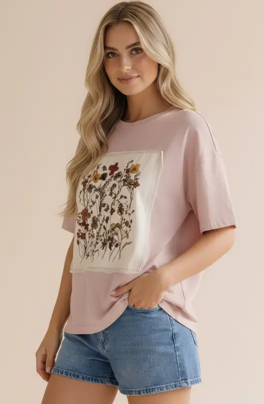 Haptics The Fields of Grace Patchwork Graphic Tee in Dusty Rose - T-Shirts