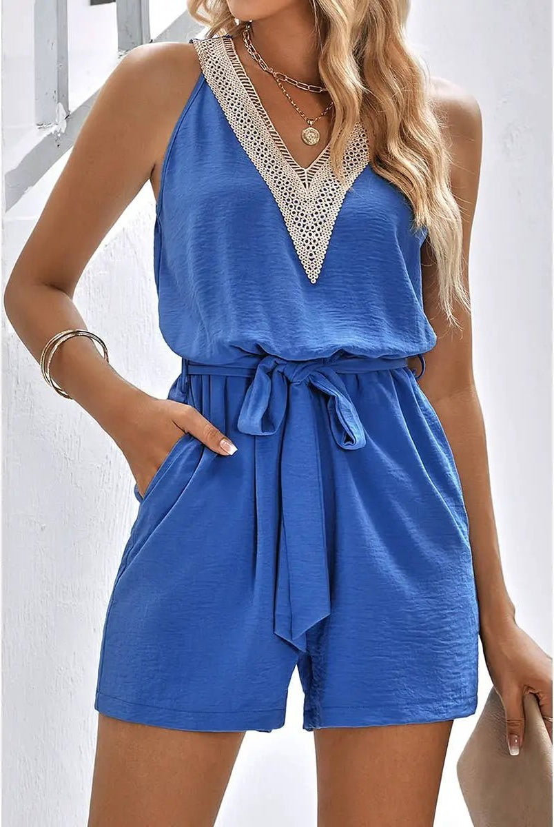 Supreme Fashion Lace Trim V Neck Sleeveless Tank Romper - One-Pieces Lace Trim V Neck Sleeveless Tank Romper