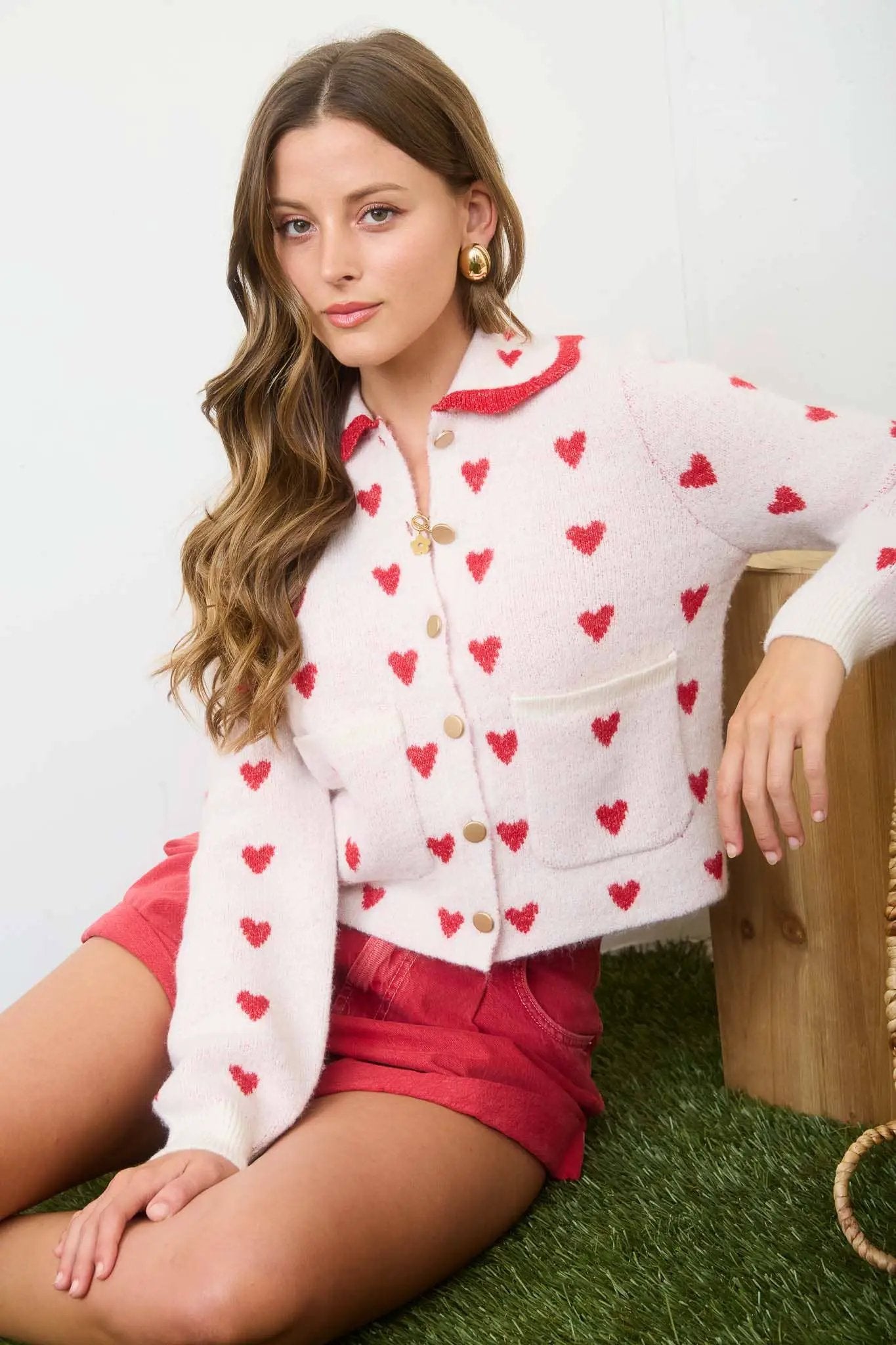 Blu Pepper Sweetheart Scallop Button-Down Cardigan – Cream & Red Heart Knit - Cardigans