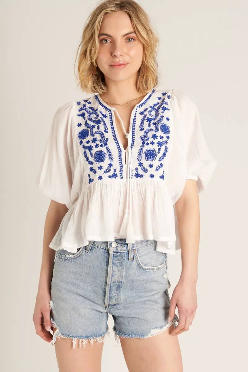 En Crème En Crème White & Blue Puff Sleeve Peplum Top with Embroidery Detail - Blouses Spring summer tops