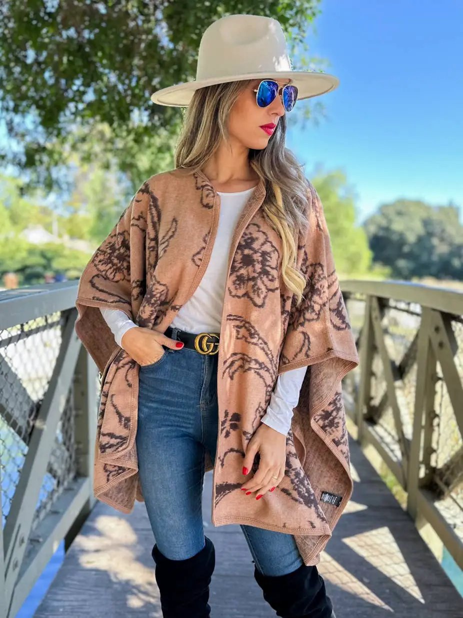 AMOLI AMOLI - Camel Elegant Floral Print Cape Shawl Ruana Cardigan - Cardigans