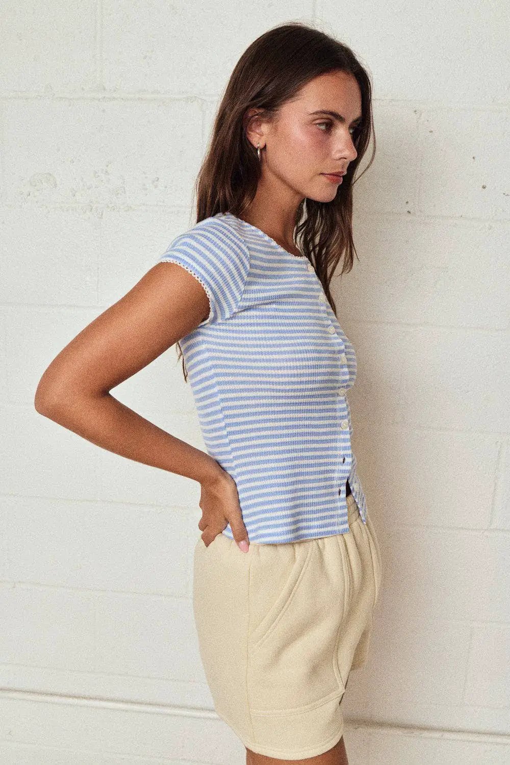 Papermoon Striped Ribbed Button Front Top: Blue/White - Clothing Tops