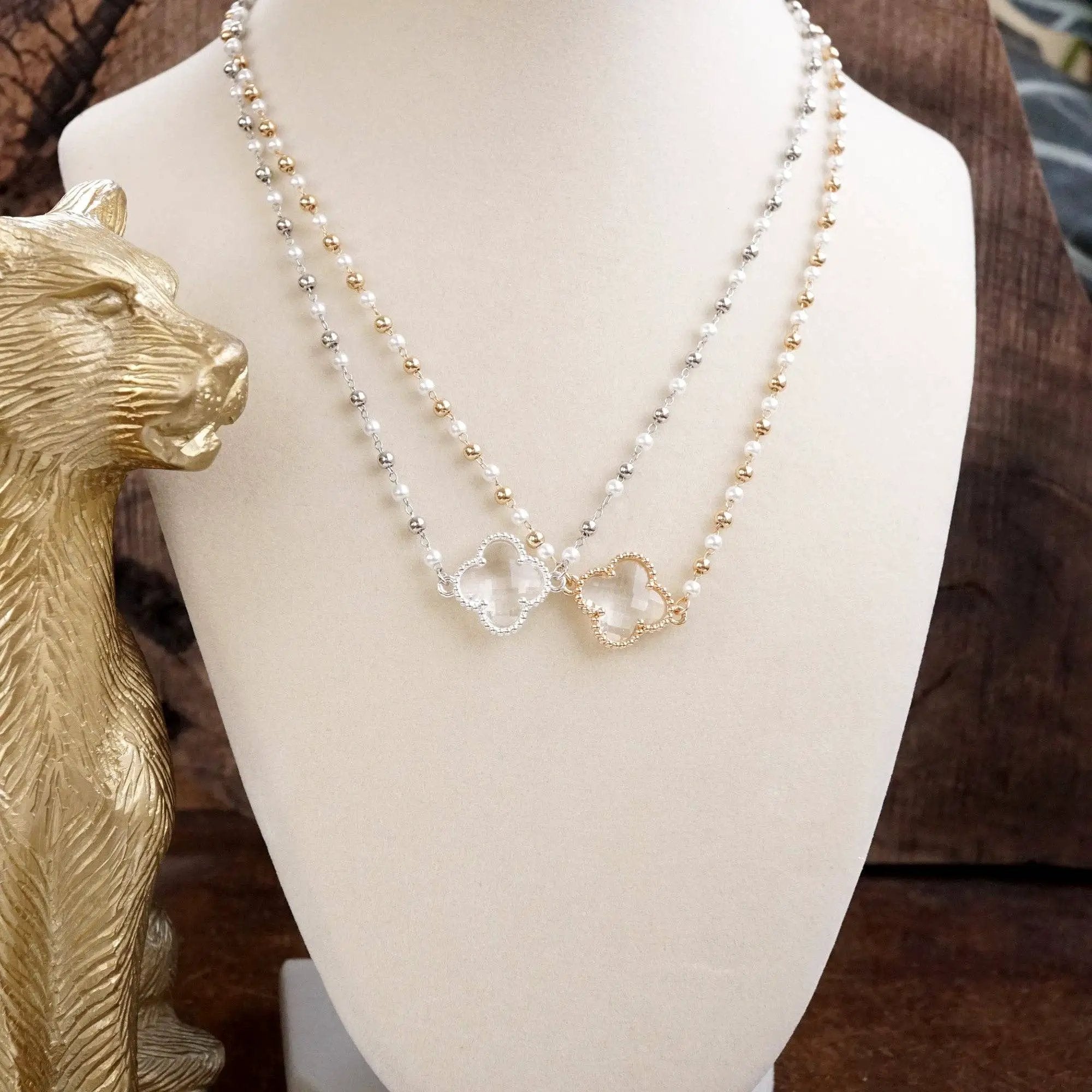 PennyLine inc The Pearled Clover Pendant Beaded Necklace: Gold - Necklaces