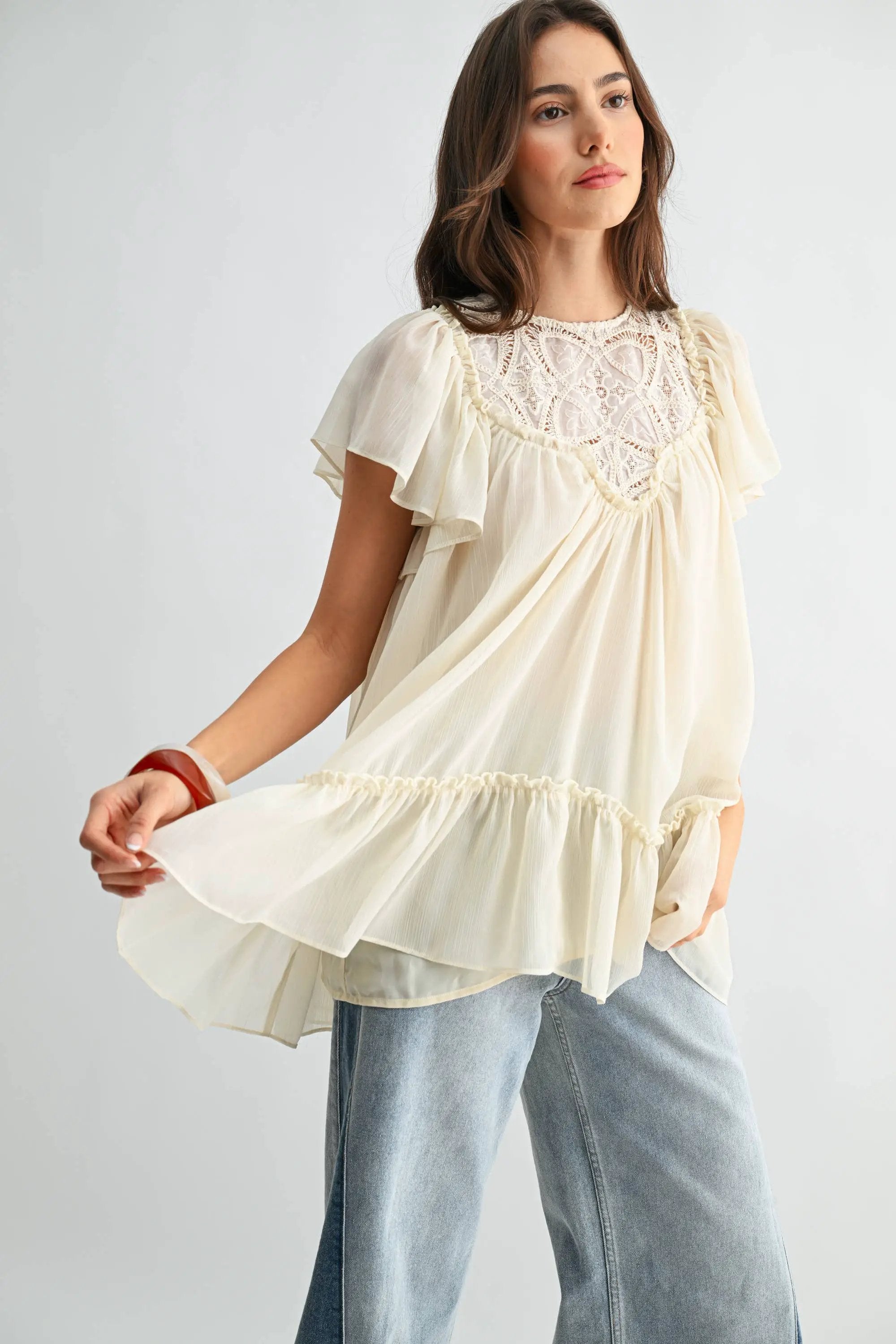 Camellia The Sheer Lace Yoke Ruffle Sleeve Blouse: CREAM - Blouses