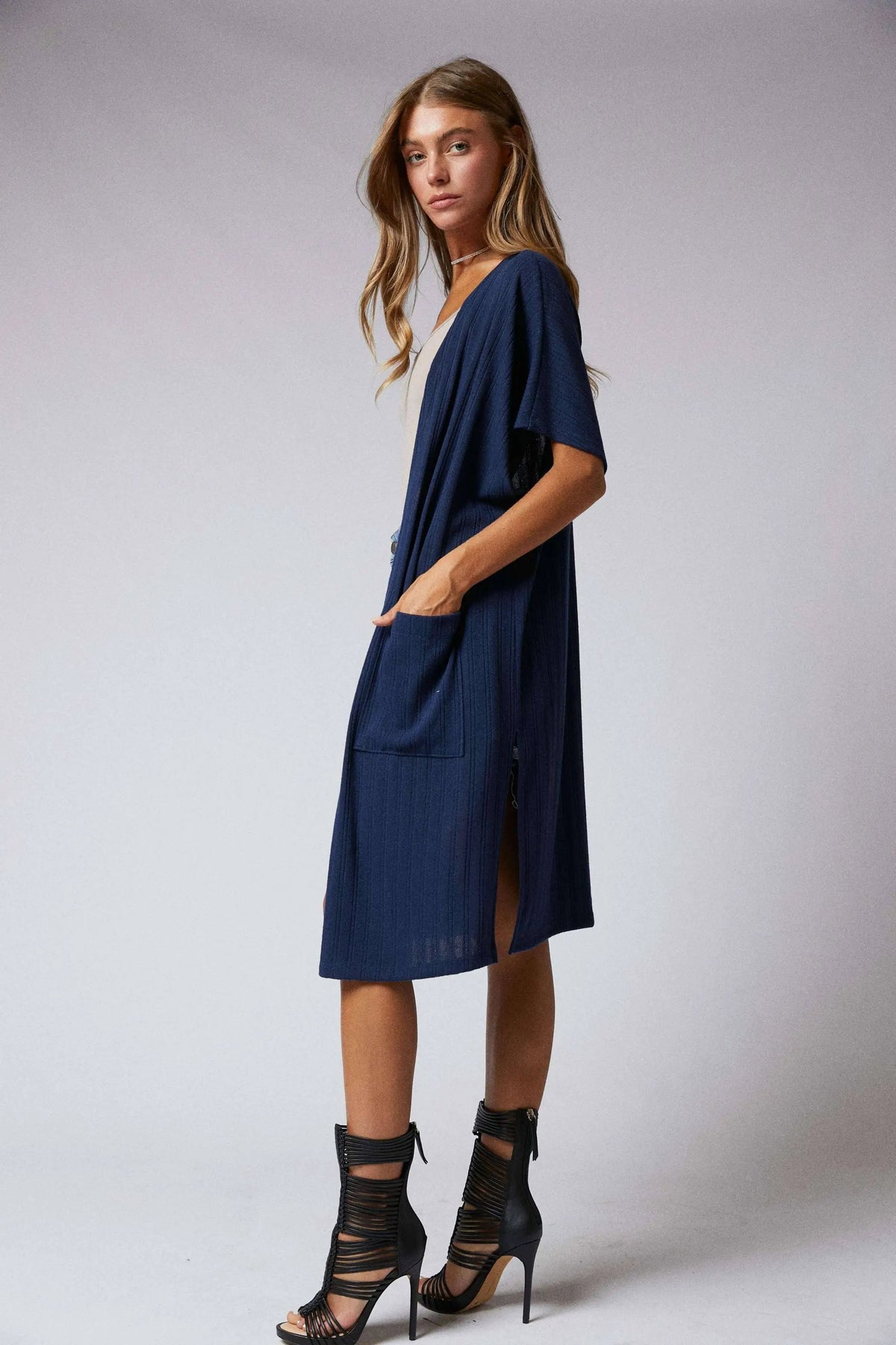 Cerule Navy Side Slit Duster Cardigan - Cardigans