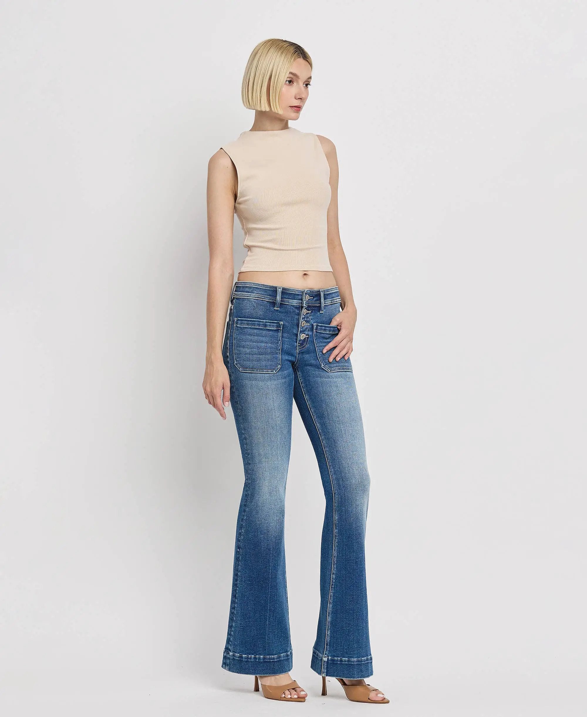 VERVET by FLYING MONKEY Mid Rise Trouser Hem Flare Jeans - Jeans