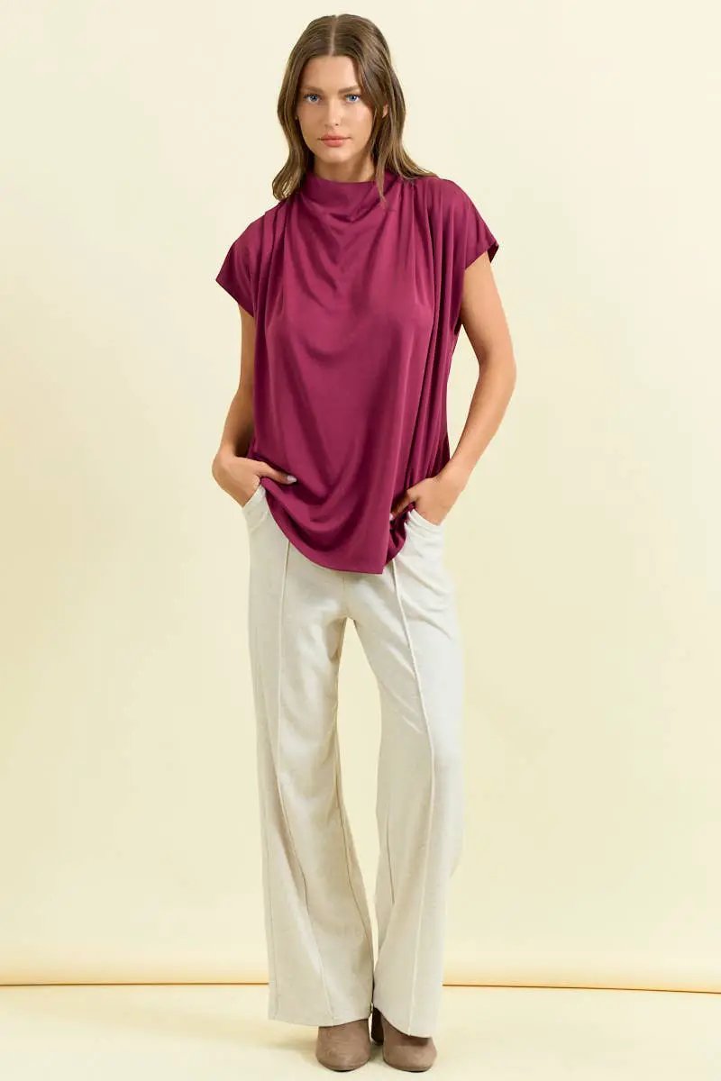 Doe and Rae The Velvet Current Draped Dolman Top – Burgundy - Blouses