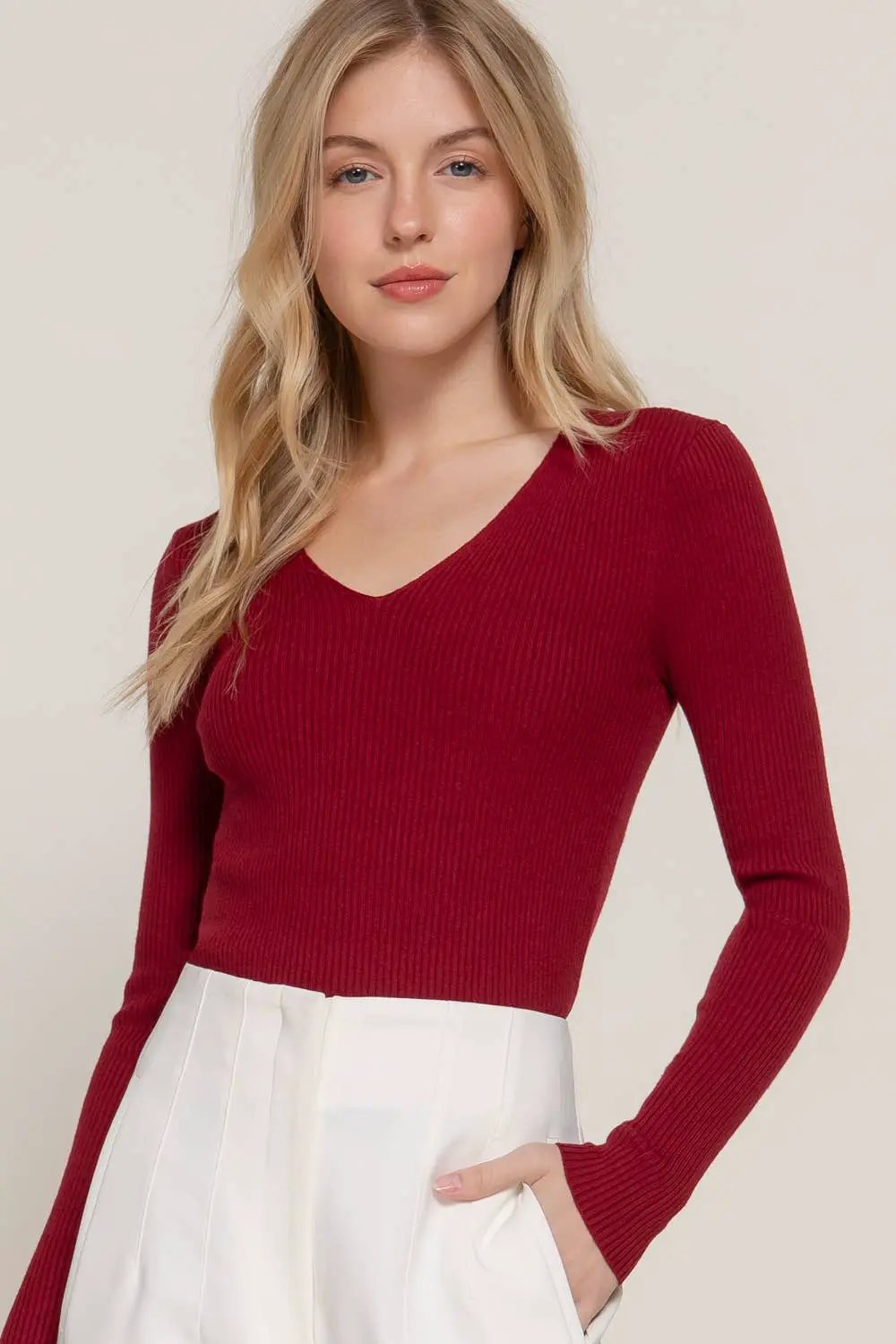 Active Basic | Active USA Crimson Crush Ribbed Viscose V-Neck Sweater - Sweaters