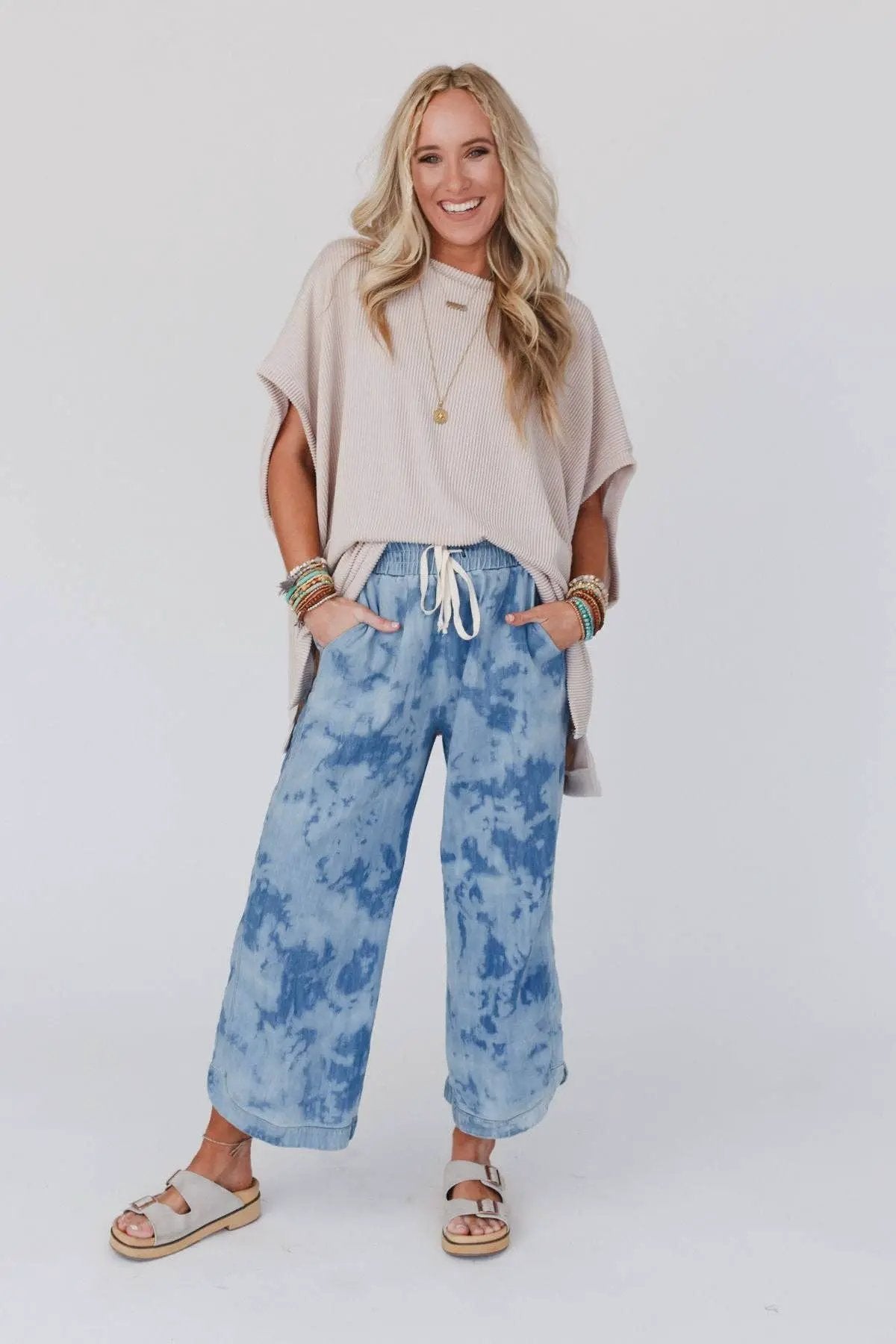 Three Bird Nest Three Bird Nest - So Comfy Wide Leg Cropped Pant - Bleach Dye Denim - Pants
