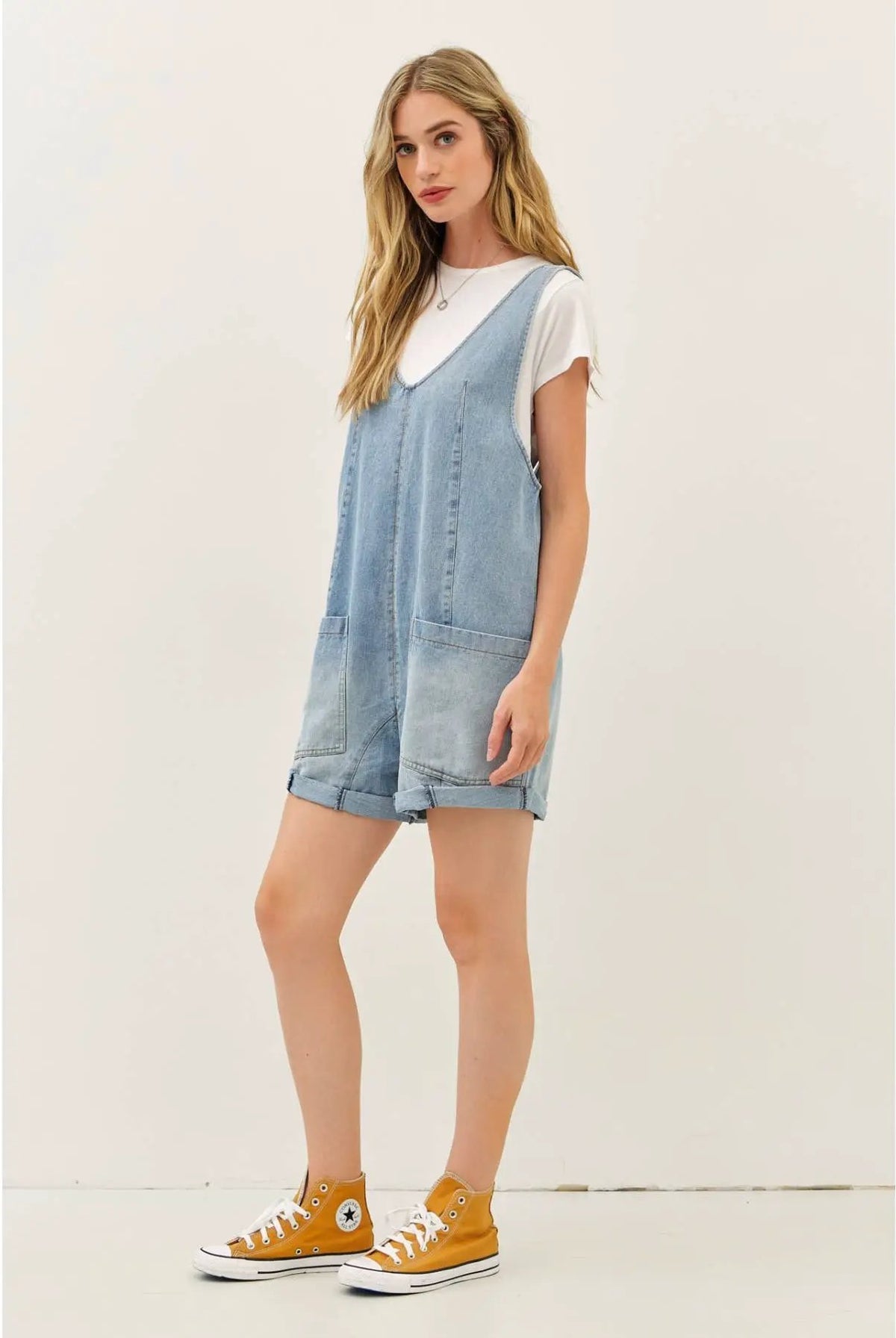 idem ditto RELAXED FIT WASHED DENIM ROMPER WITH FRONT POCKETS - One-Pieces