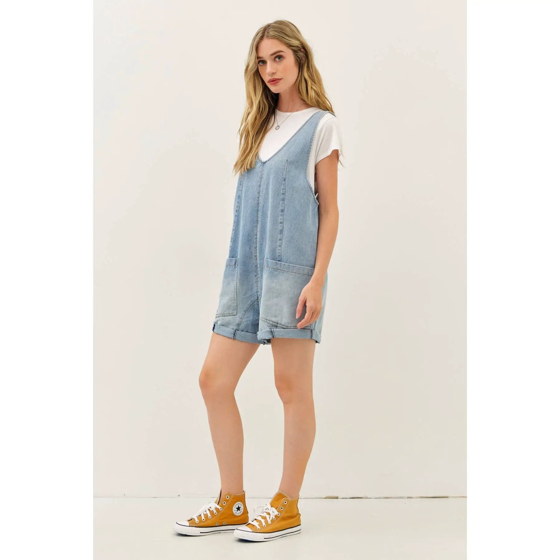 idem ditto RELAXED FIT WASHED DENIM ROMPER WITH FRONT POCKETS - One-Pieces