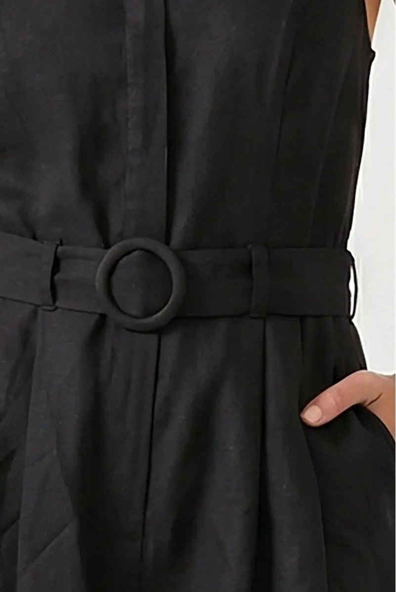 Naked Zebra The Belted Linen Halter Romper: Black - One-Pieces