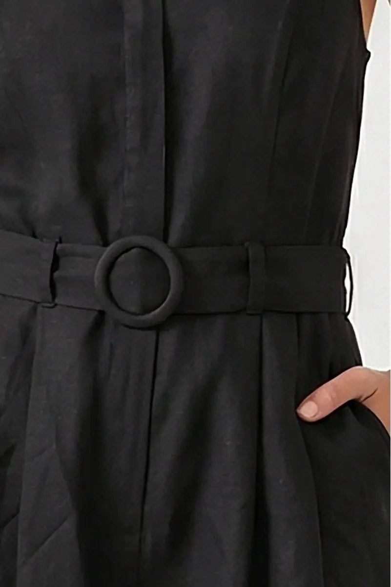 Naked Zebra The Belted Linen Halter Romper: Black - One-Pieces