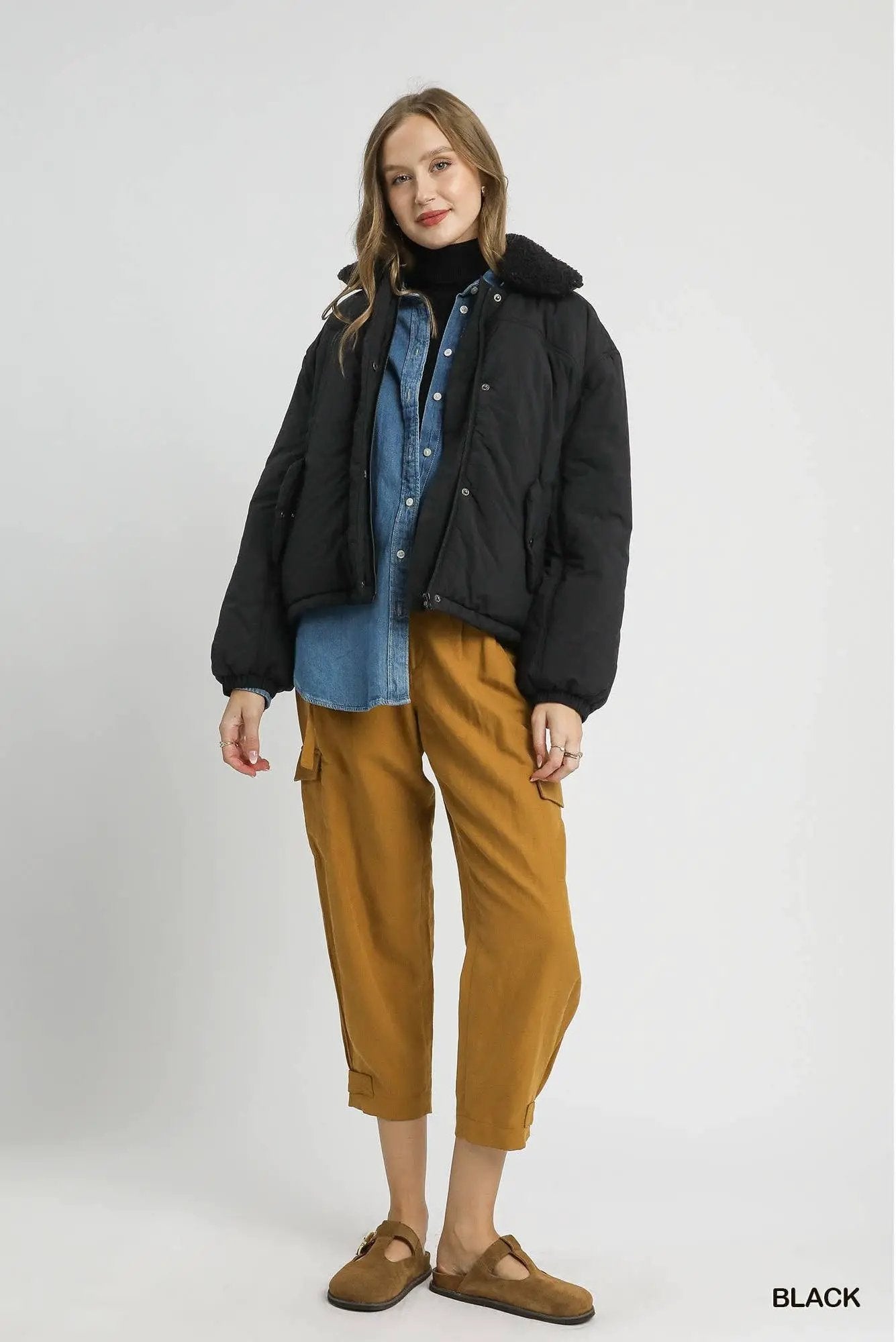 STYLE USA STYLE USA - Cold Front Confidence Black Sherpa Collar Puffer Jacket - Coats & Jackets